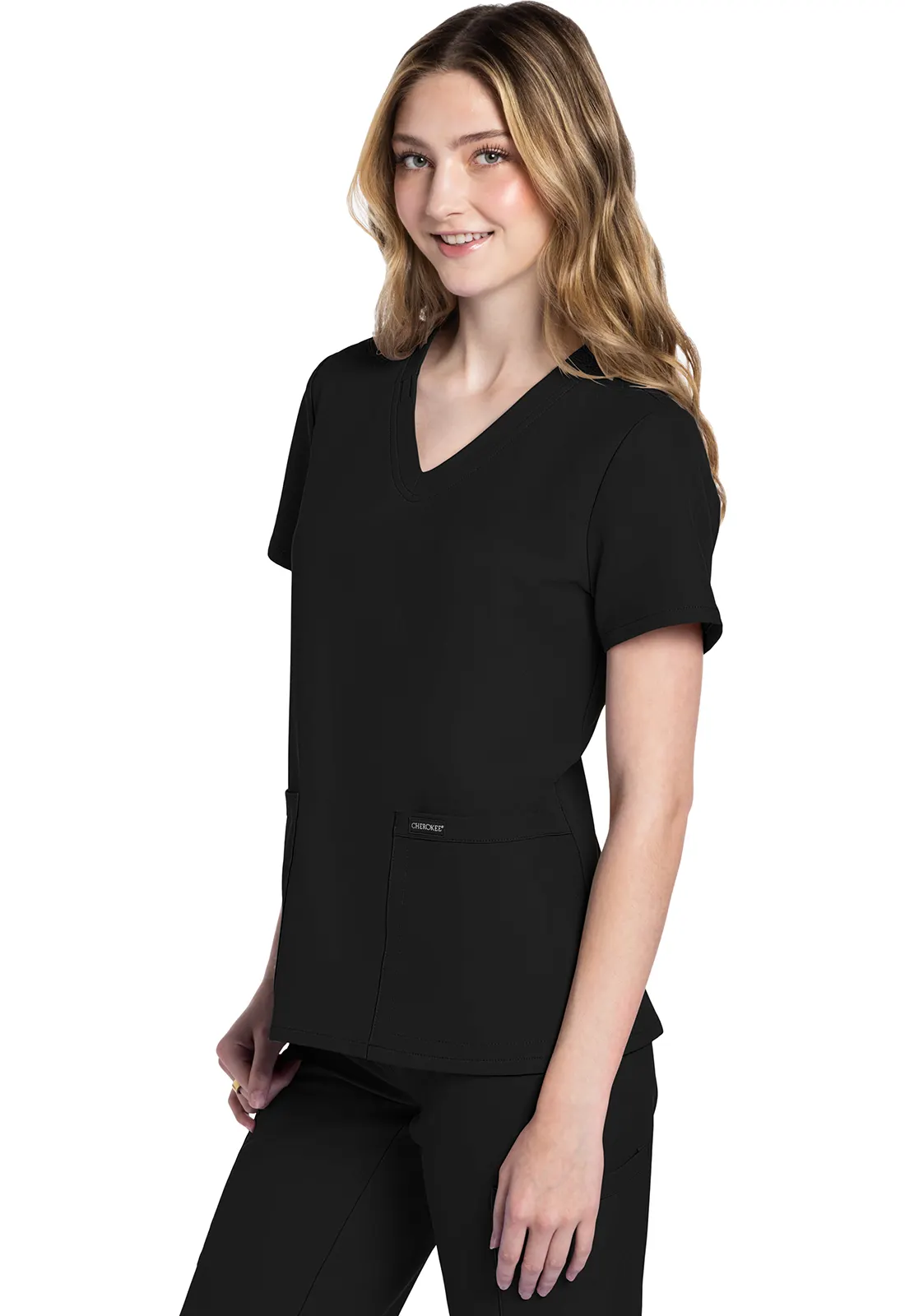 CK953A_BLK_LEFT Top Scrub V Neck - WW Originals Ultra by Cherokee